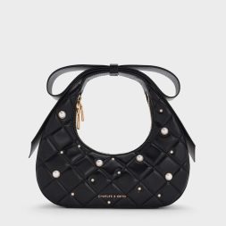 C&K Janie Quilted Pearl-Embellished Bow Handle Crescent Bag Black