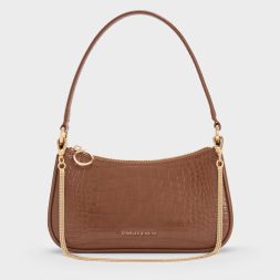 C&K Elspeth Croc Effect Chain Link Shoulder Bag Chocolate Croco