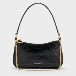 C&K Elspeth Croc Effect Chain Link Shoulder Bag Black Croco
